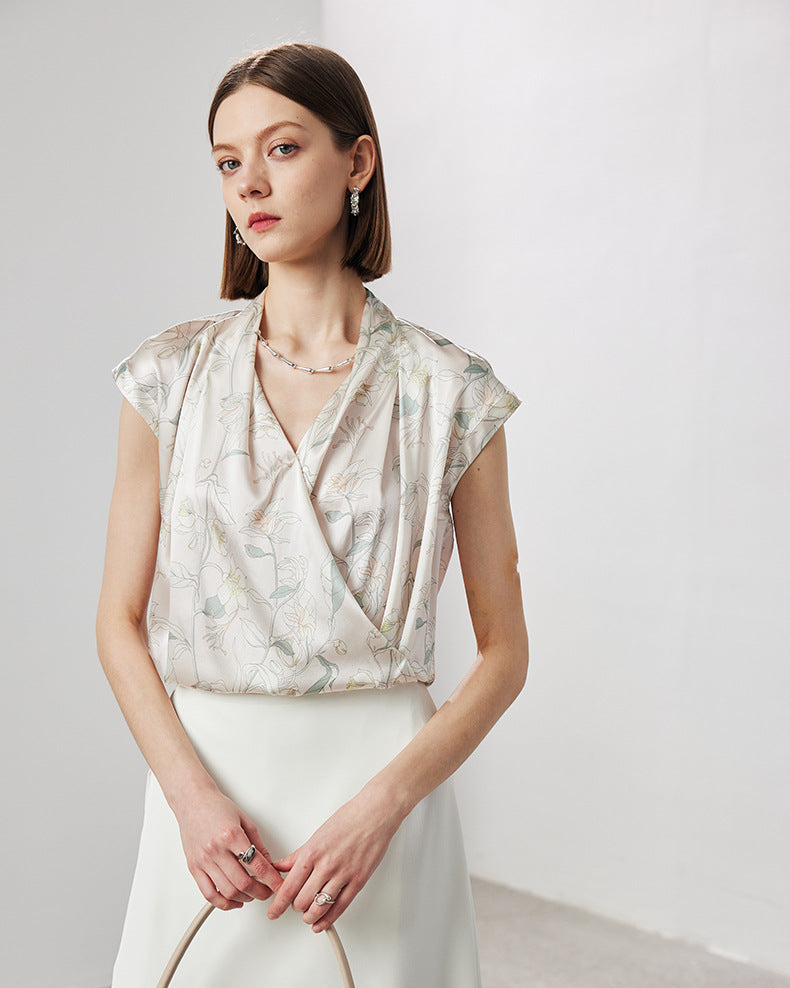 V-Neck Silk Printed Sleeveless Shirt