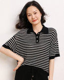 Casual Short-Sleeve Striped Wool Sweater