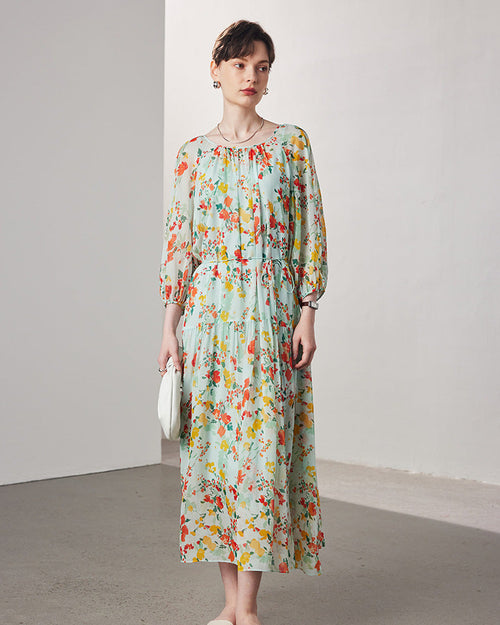 Printed Silk Three-Quarter Sleeve Dress