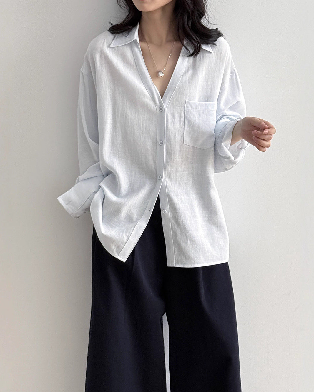 Loose-Fit V-Neck Button-Down Shirt