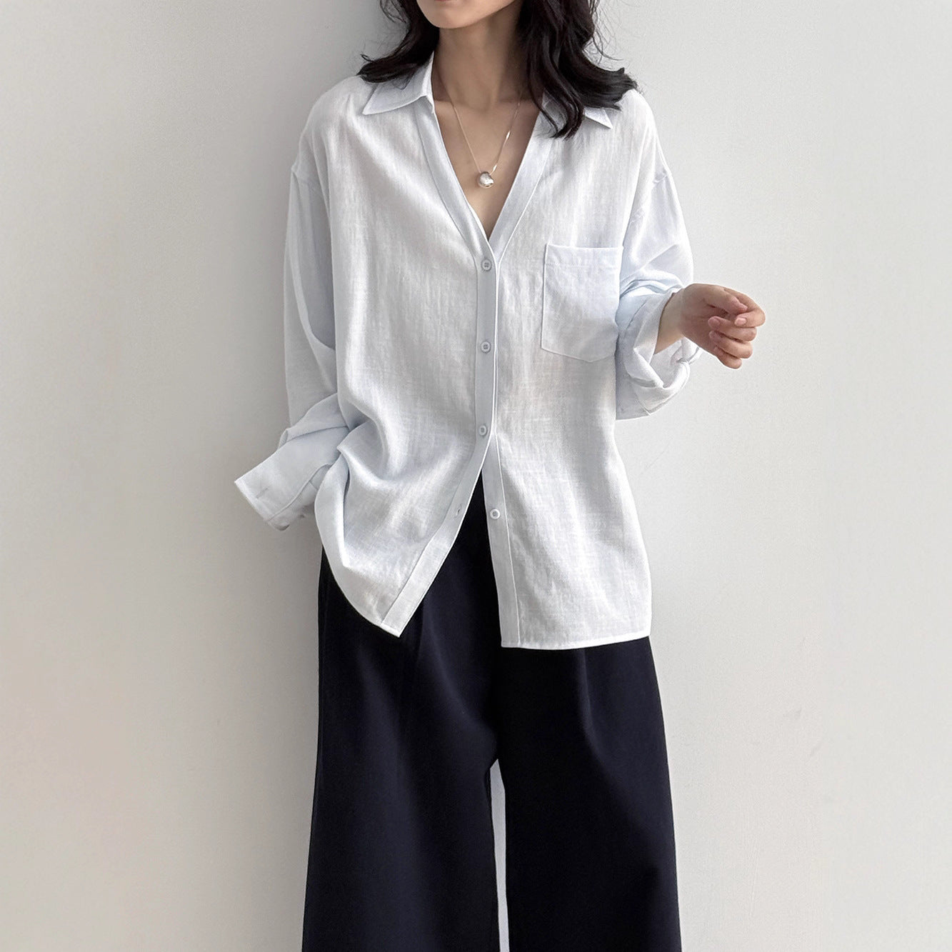 Loose-Fit V-Neck Button-Down Shirt
