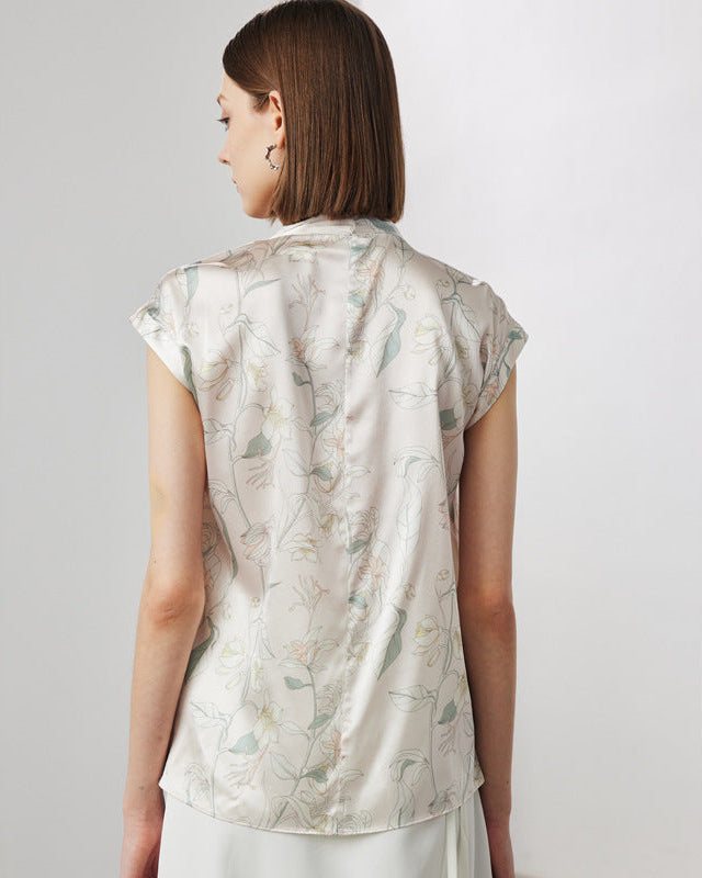 V-Neck Silk Printed Sleeveless Shirt
