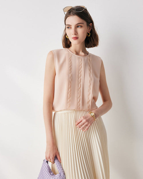 Lace-Paneled Sleeveless Silk Shirt
