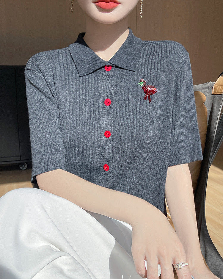 New Wool Polo Collar Short-Sleeved Cardigan