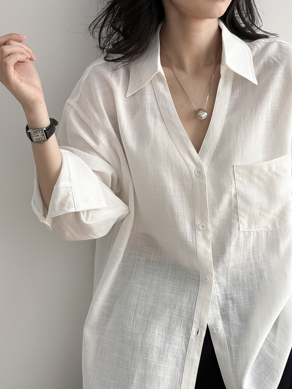 Loose-Fit V-Neck Button-Down Shirt