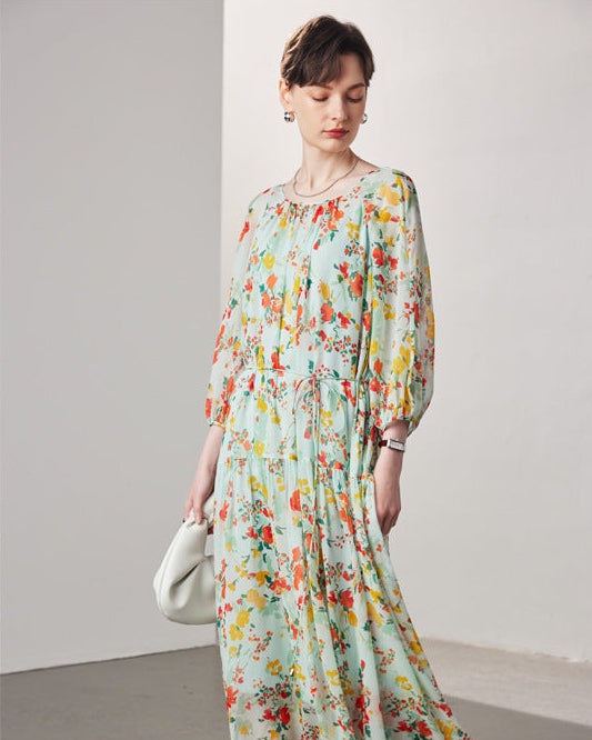 Printed Silk Three-Quarter Sleeve Dress