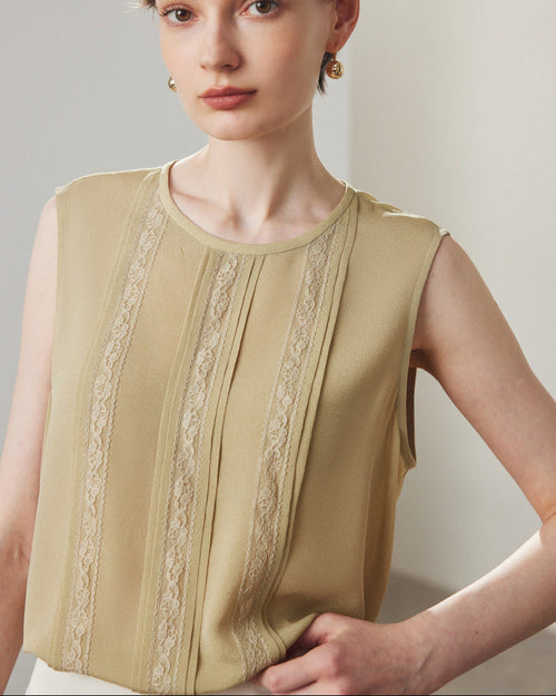 Lace-Paneled Sleeveless Silk Shirt