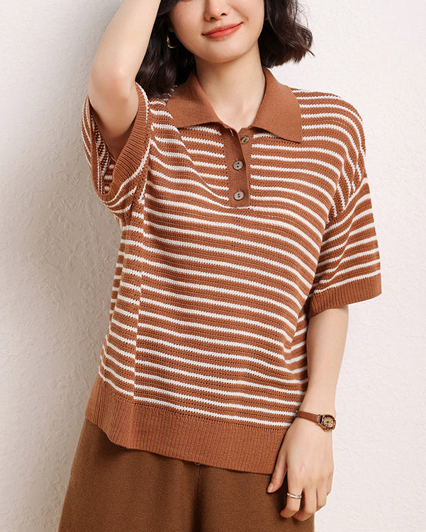 Casual Short-Sleeve Striped Wool Sweater