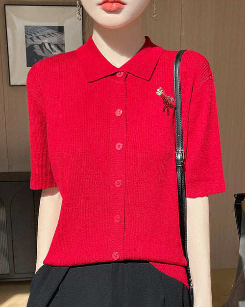 New Wool Polo Collar Short-Sleeved Cardigan