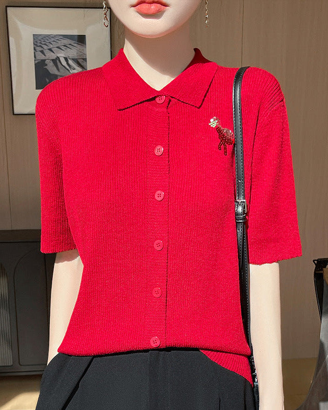New Wool Polo Collar Short-Sleeved Cardigan