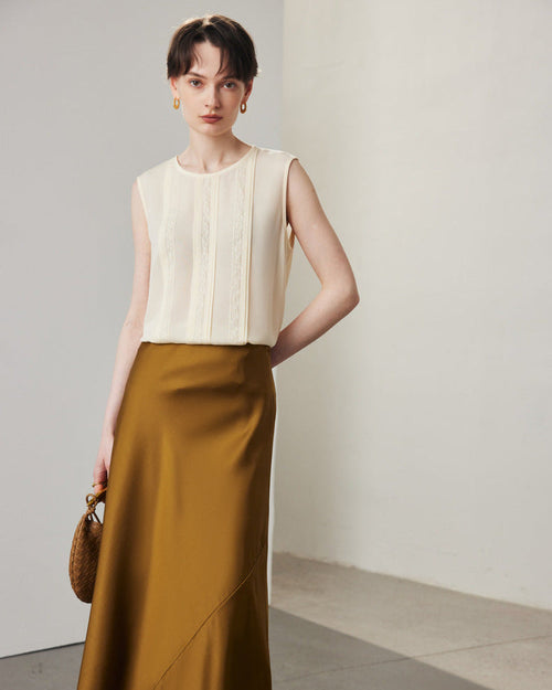 Lace-Paneled Sleeveless Silk Shirt
