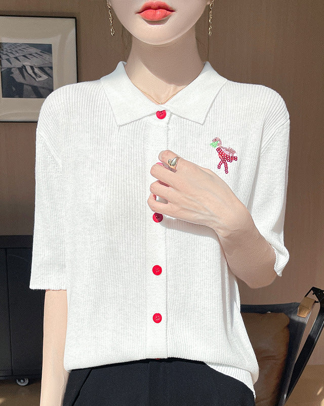 New Wool Polo Collar Short-Sleeved Cardigan
