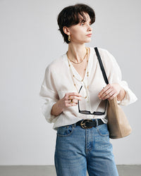 Loose-Fit Long-Sleeve V-Neck Linen Shirt