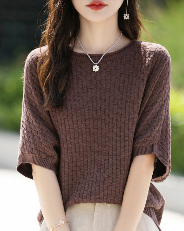 Stylish Plus-Size Mid-Sleeve Knitted Sweater