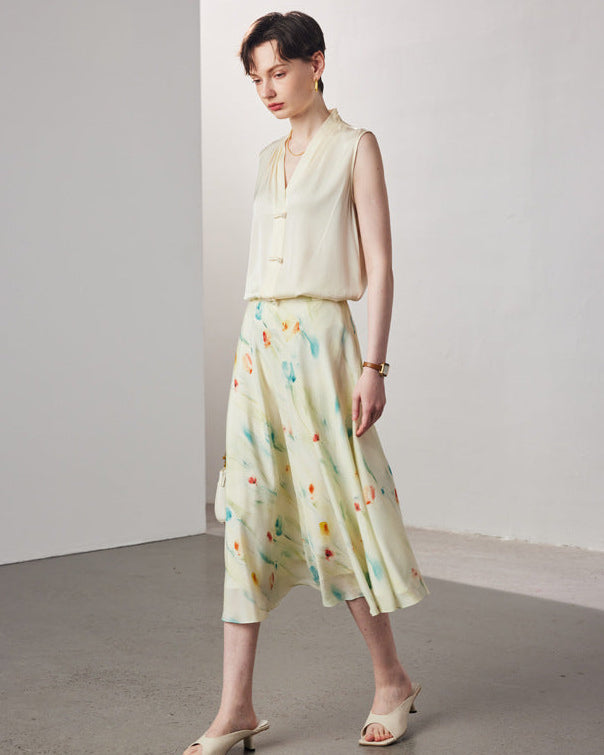 Crepe Print Silk Midi Skirt