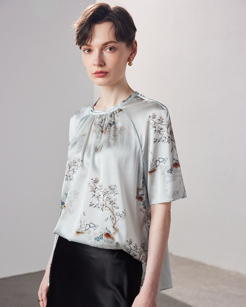 Loose-Fitting Breathable Satin Silk T-Shirt