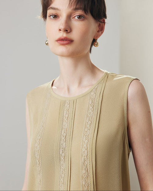 Lace-Paneled Sleeveless Silk Shirt
