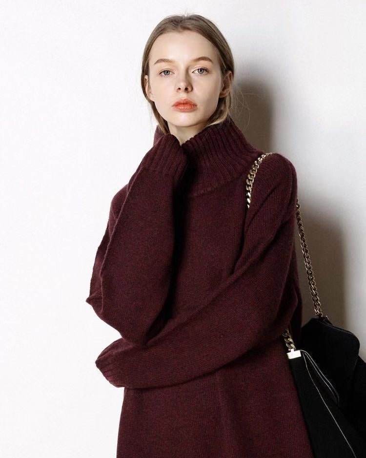 Cashmere Mid-Length Loose-Fitting Turtleneck Sweater