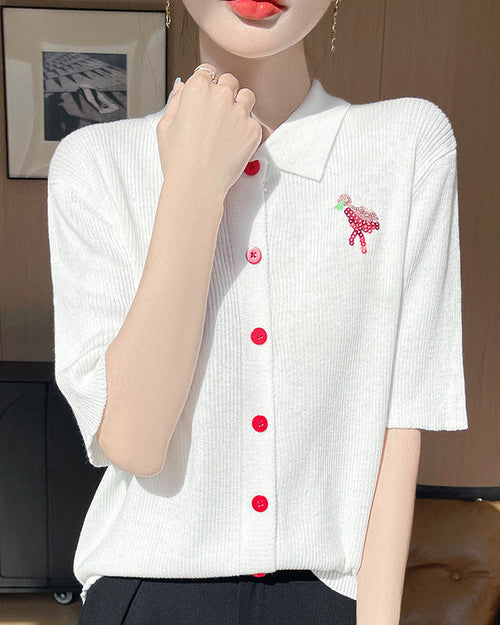 New Wool Polo Collar Short-Sleeved Cardigan