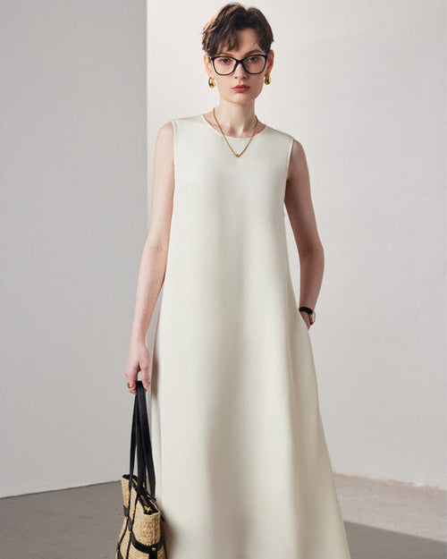 Women's A-line silk lining dress featuring a sleeveless vest silhouette and crafted from luxurious 30-mmi heavy mulberry silk for a structured drape.