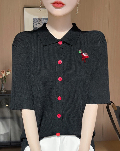 New Wool Polo Collar Short-Sleeved Cardigan