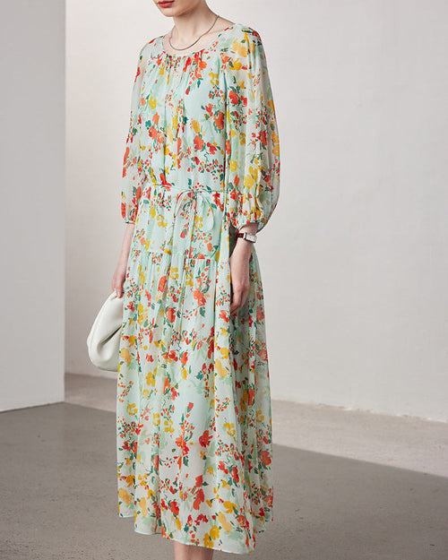 Printed Silk Three-Quarter Sleeve Dress