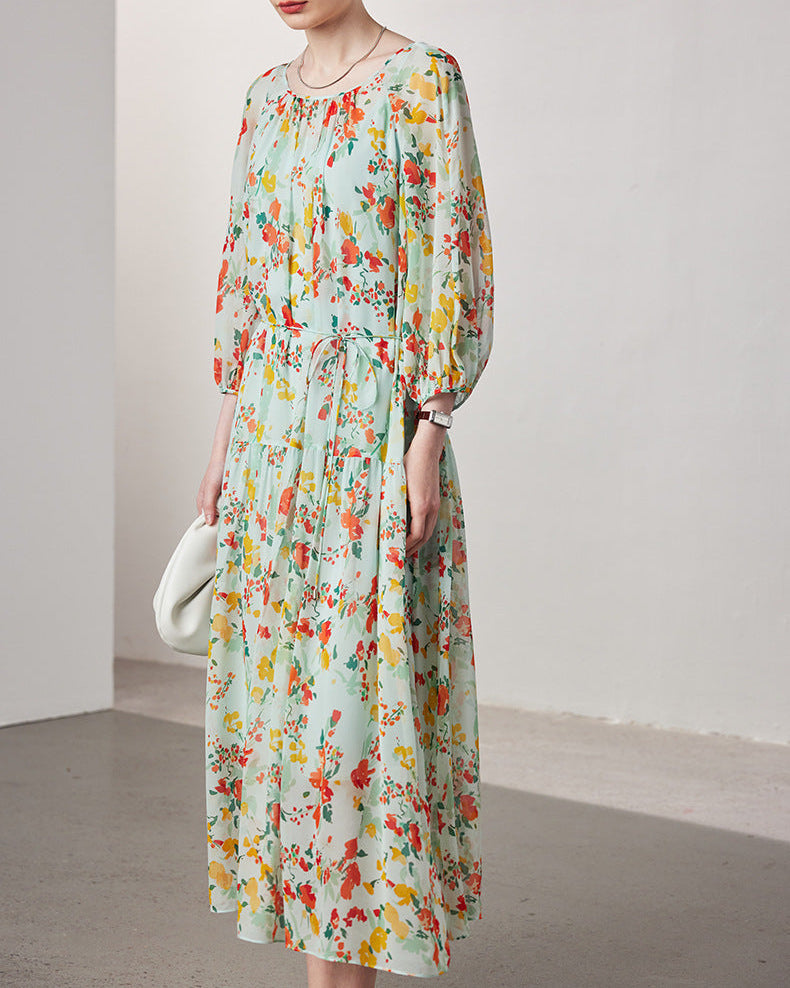 Printed Silk Three-Quarter Sleeve Dress