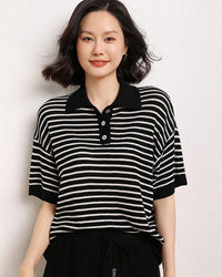 Casual Short-Sleeve Striped Wool Sweater