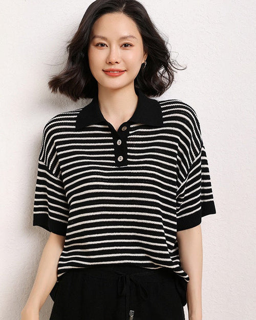 Women's casual short-sleeve striped knit sweater made of soft wool featuring a timeless colorblock pattern perfect for spring and summer layering.