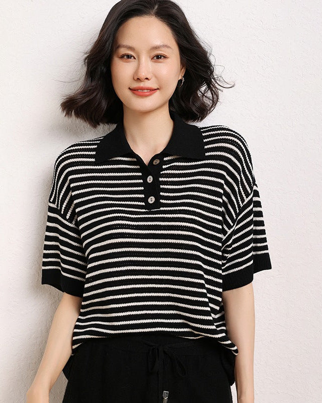 Casual Short-Sleeve Striped Wool Sweater