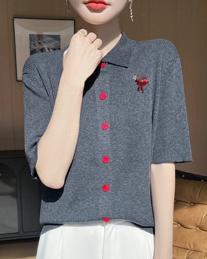 New Wool Polo Collar Short-Sleeved Cardigan