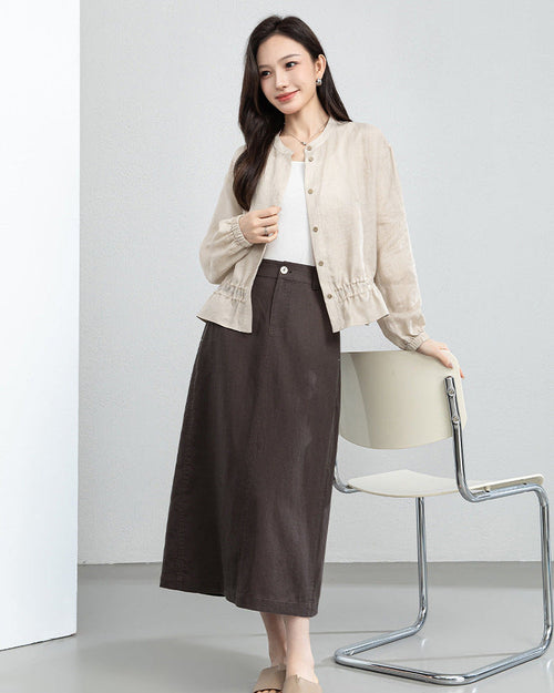 Retro Linen-Blend Straight Skirt