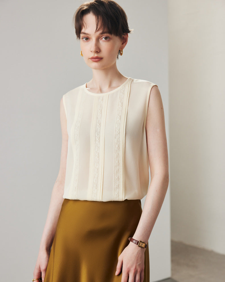 Lace-Paneled Sleeveless Silk Shirt
