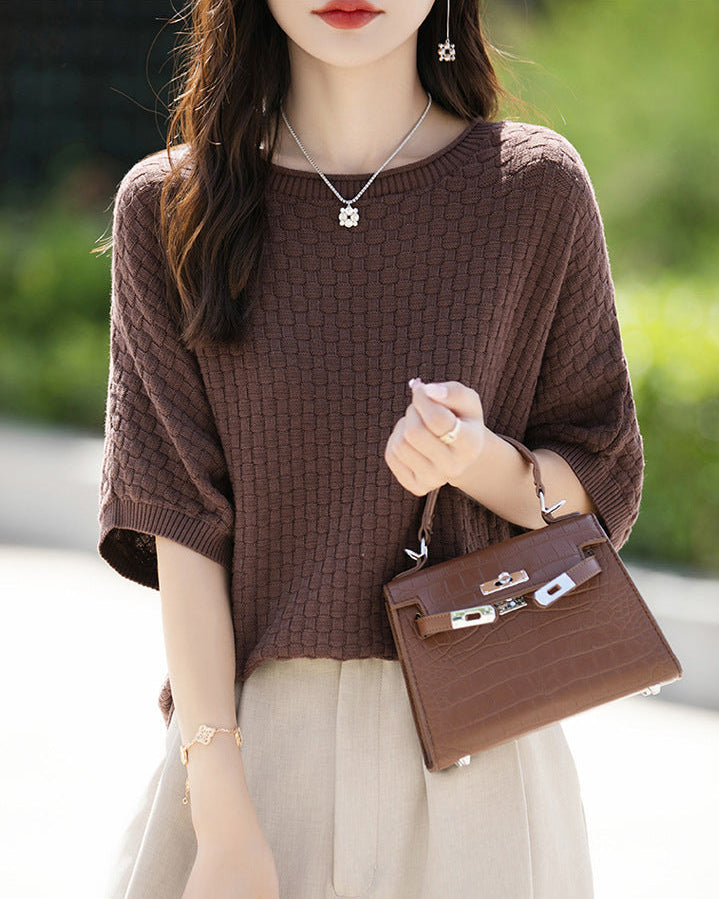 Stylish Plus-Size Mid-Sleeve Knitted Sweater