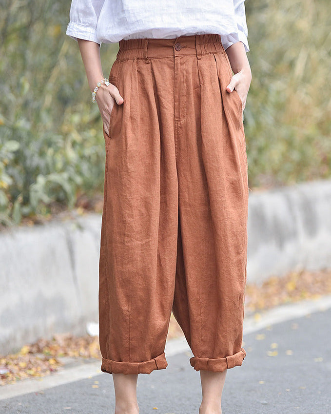 Linen High-Waisted Straight Leg Pants