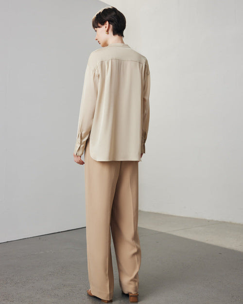 Loose-Fit Long-Sleeve Silk Shirt With Stand Collar