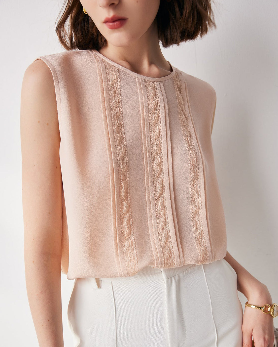 Lace-Paneled Sleeveless Silk Shirt