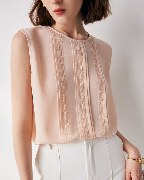 Lace-Paneled Sleeveless Silk Shirt