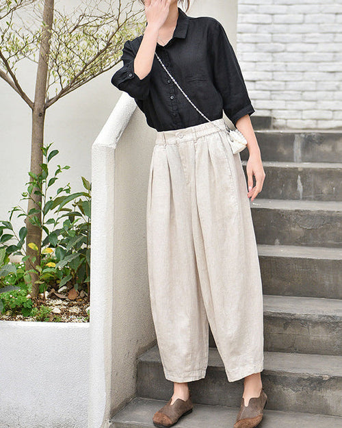 Linen High-Waisted Straight Leg Pants