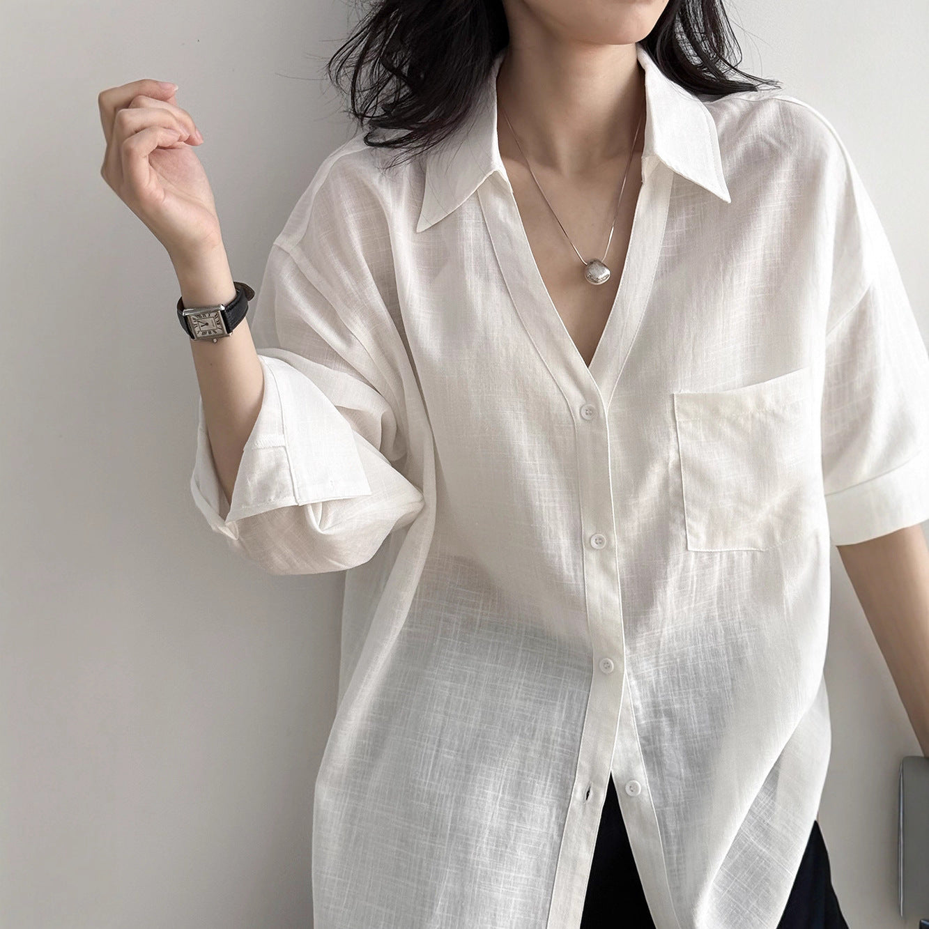 Loose-Fit V-Neck Button-Down Shirt