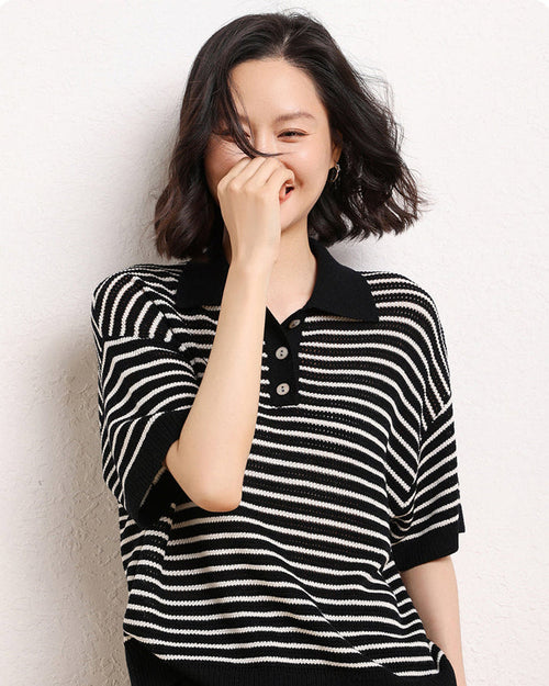 Casual Short-Sleeve Striped Wool Sweater