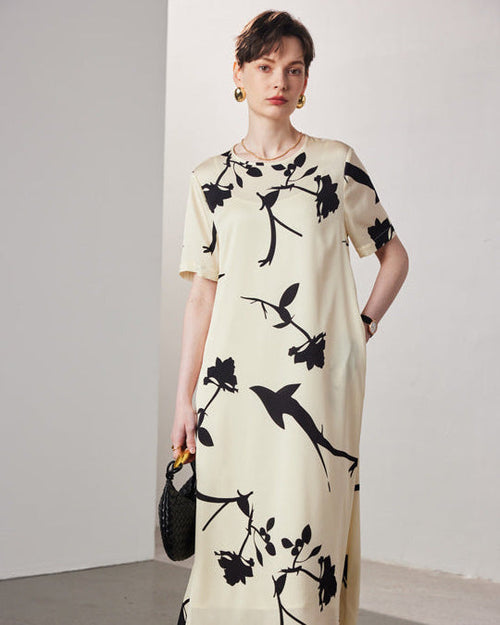 Loose-Fit Straight-Cut Short-Sleeve Silk Dress