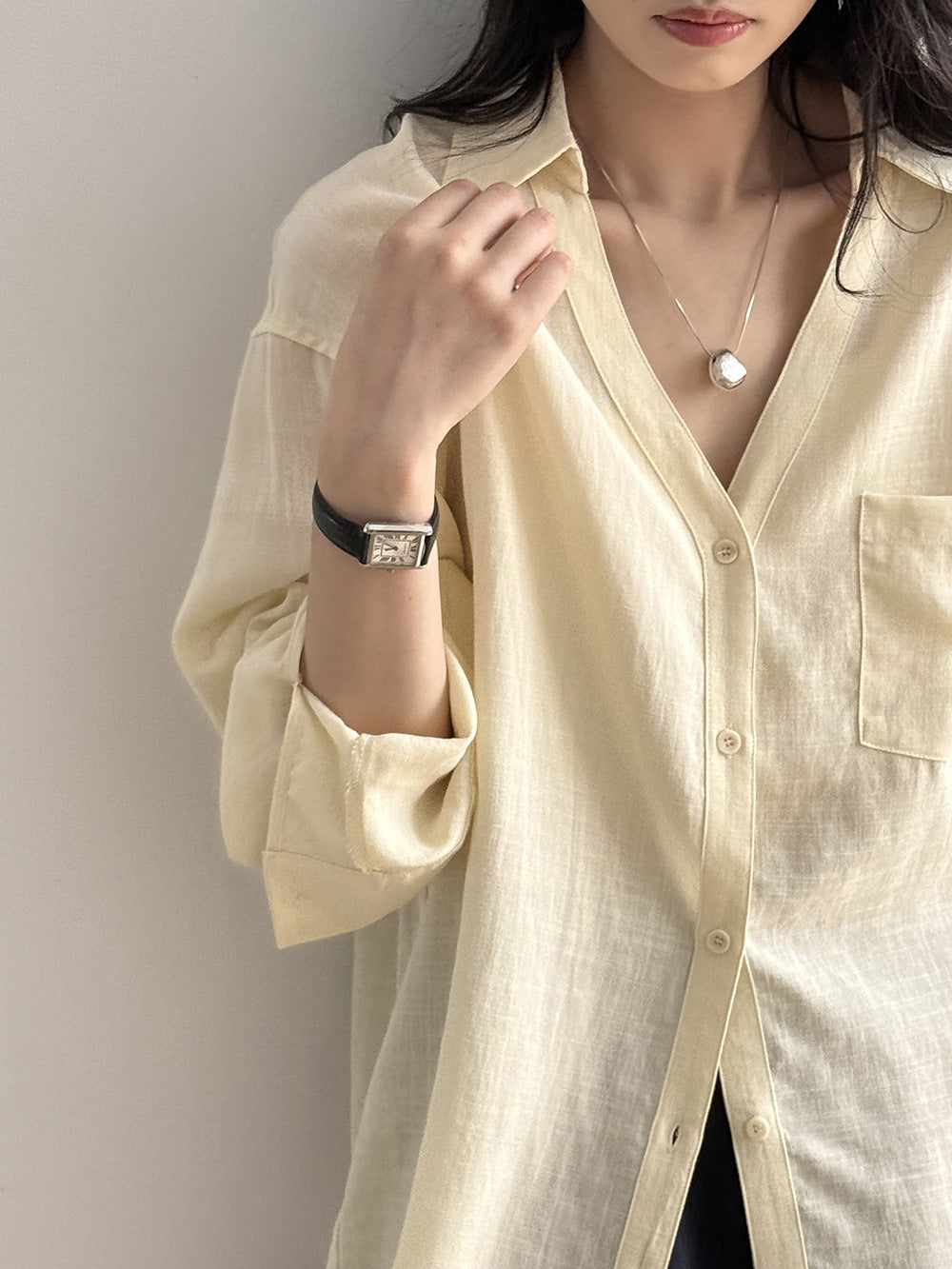 Loose-Fit V-Neck Button-Down Shirt