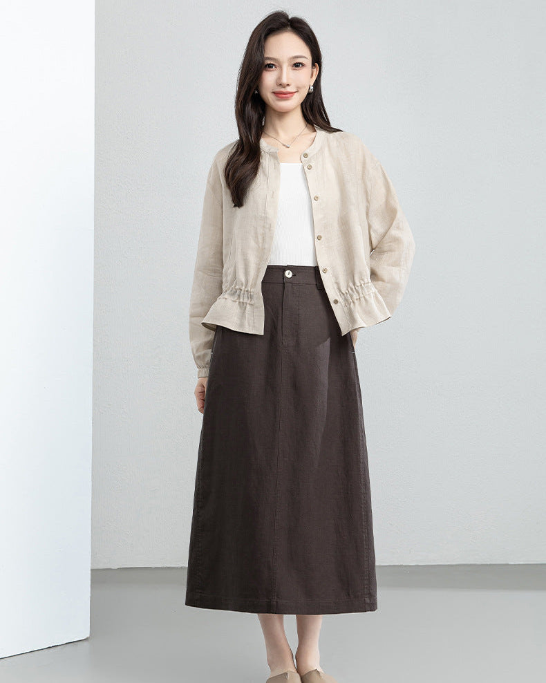 Retro Linen-Blend Straight Skirt