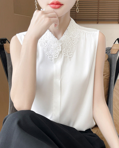 Stylish lapel sleeveless satin vest in featuring a premium acetate satin fabric and an intricate lace polo collar, perfect for office wear or formal occasions.