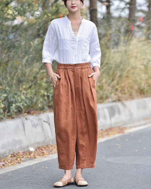Linen High-Waisted Straight Leg Pants