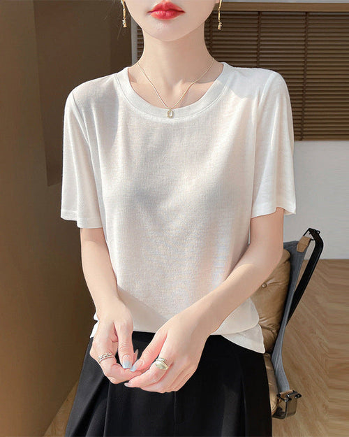 Crew Neck Loose-Fit Short-Sleeve Knit T-Shirt