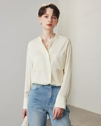 Loose-Fit Long-Sleeve Silk Shirt With Stand Collar
