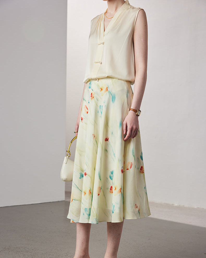 Crepe Print Silk Midi Skirt
