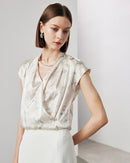 Front view of a loose-fit printed silk shirt with wide straps and a flattering V-neck cut, crafted from breathable mulberry silk for a chic summer wardrobe essential.